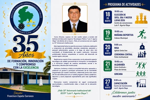 El IESTP “Luis F. Agurto Olaya” invita a la comunidad a celebrar su 35° Aniversario Institucional
